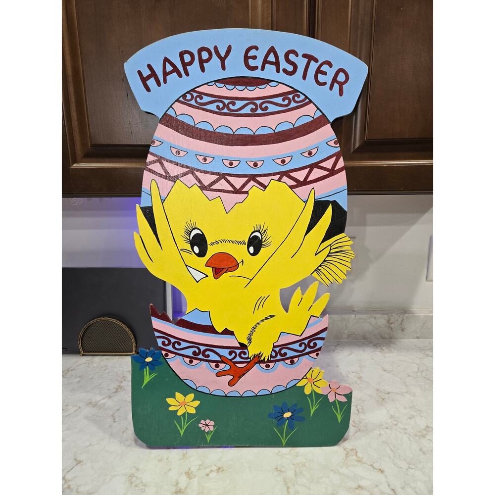 Handmade Easter Chick Wood Decoration Handpainted 27.5" Tall Easter Egg Holiday